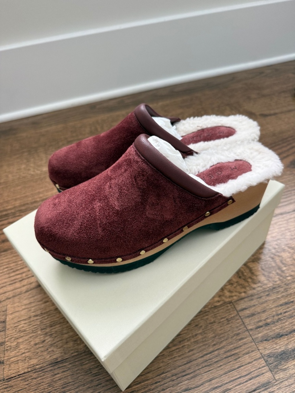 M. Gemi Greta Shearling Lined Clogs Size 40 Mahogany/brown NIB Lightweight $298